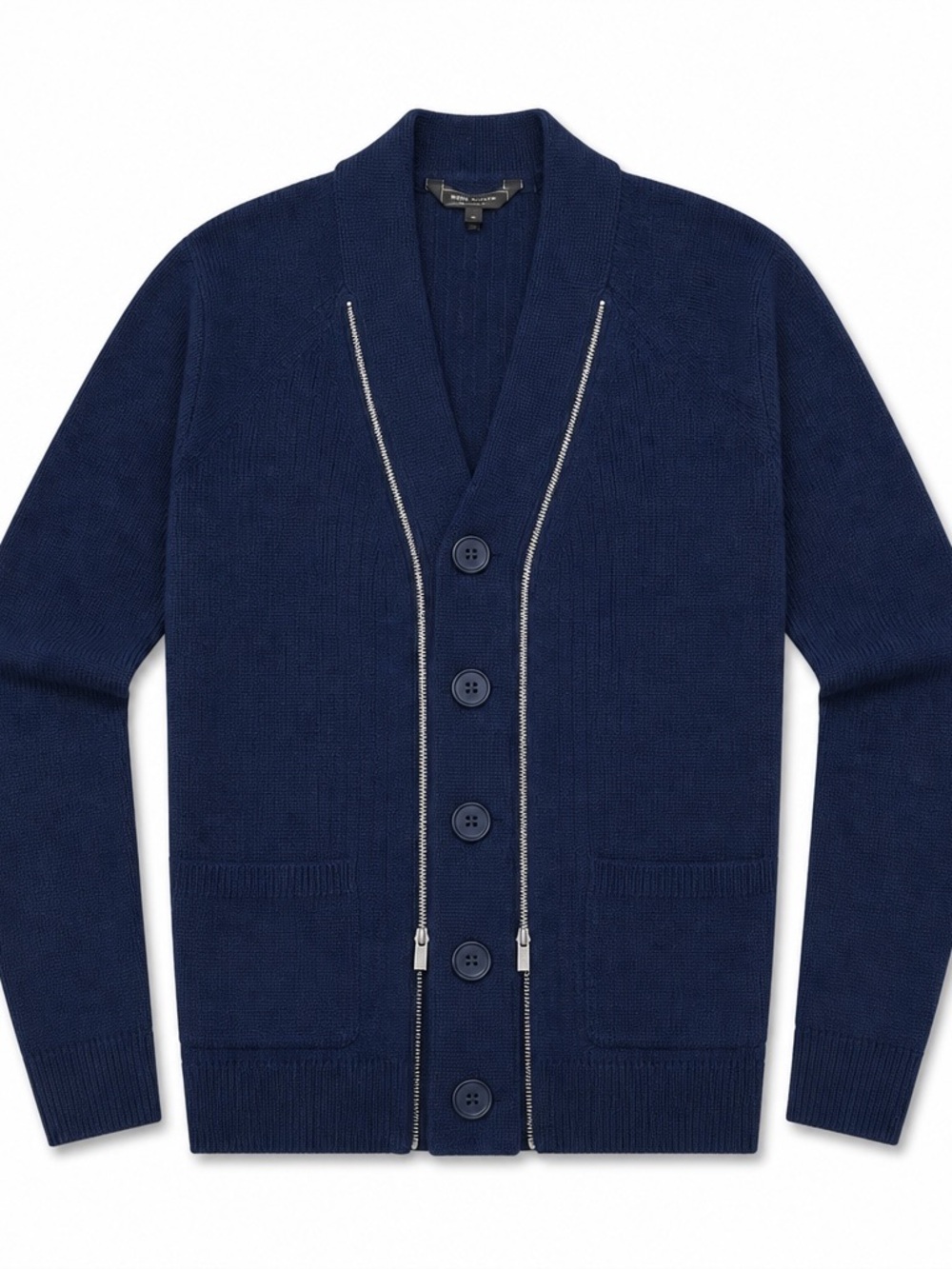 BCBG mix media merino wool Navy Button-Up Shawl Cardigan Sweater XS
